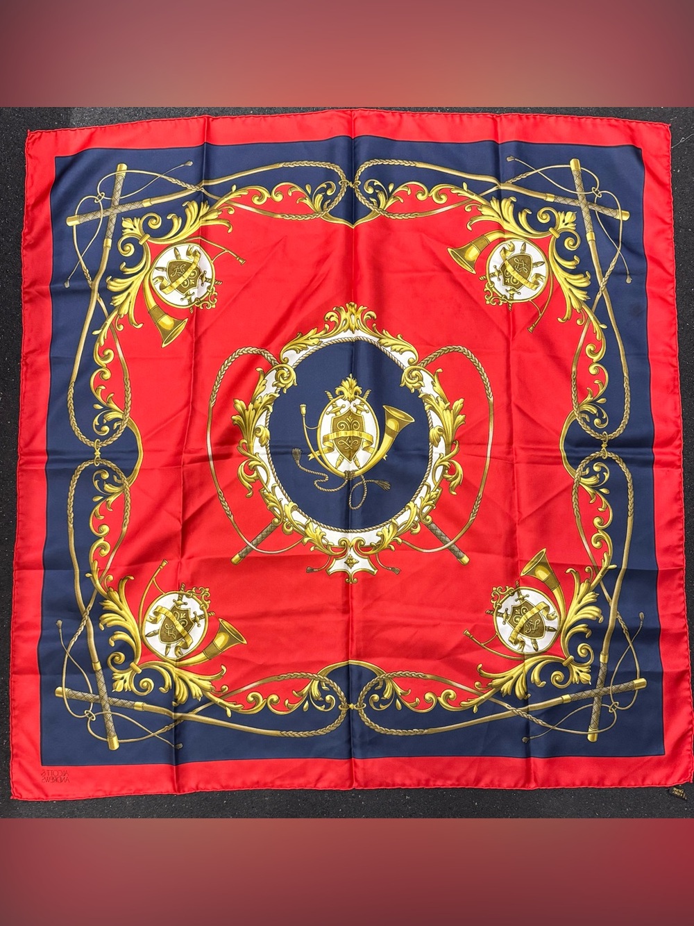 Vintage Ornate Red Navy Gold Whip Horn Detailed Italian 100% Silk Scarf